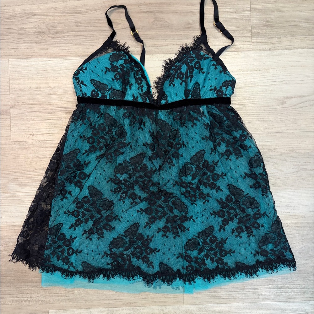 Victoria's Secret Teal and Black Lace Babydoll Slip